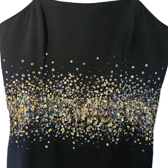 Women's Halston Sofi Gown Columm Crape Strapless Black Dress Gold Sequins 12 - Picture 6 of 15